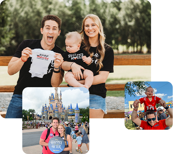 Collage featuring Doctor Kyle with his family at Disneyworld and outdoor sporting event